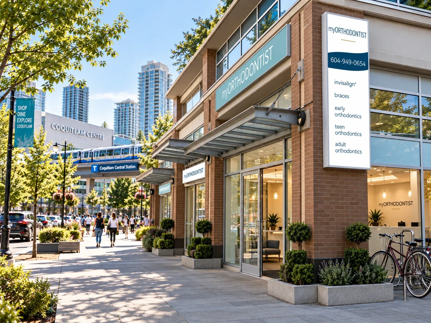myORTHODONTIST Coquitlam clinic exterior shown with Coquitlam Centre and transit access context